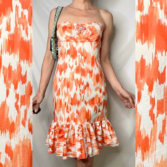 Cache strapless coral orange abstract print mini dress ruffle hem Y2K vintage 4 - Picture 16 of 16